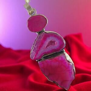 Pink Agate Geode Pendant Sterling Silver 2.75" Triple Druzy Statement